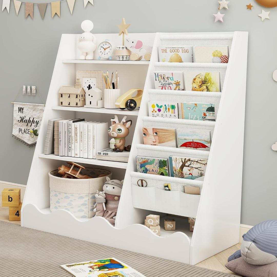 Kids Bookshelf and Toy Storage, Children's Bookcase with 5 Shelf and 4 Tier CabinetWooden Montessori Book Shelf for Kids Room, Playroom, Nursery, 48.26 cm x 15.24 cm x 96.52 cm