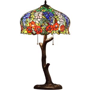Bieye L10523 Wisteria Flower Tiffany Style Stained Glass Table Lamp with Tree Trunk Base for Home Decoration (Multi-Colored, 16-inch Wide)
