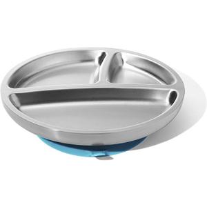 Avanchy Open Baby Plates with Suction – Stainless Steel Divided Plates for Toddlers, BPA-Free, Dishwasher Safe, Unbreakable, Non-Toxic, 100% Silicone Suction – Blue