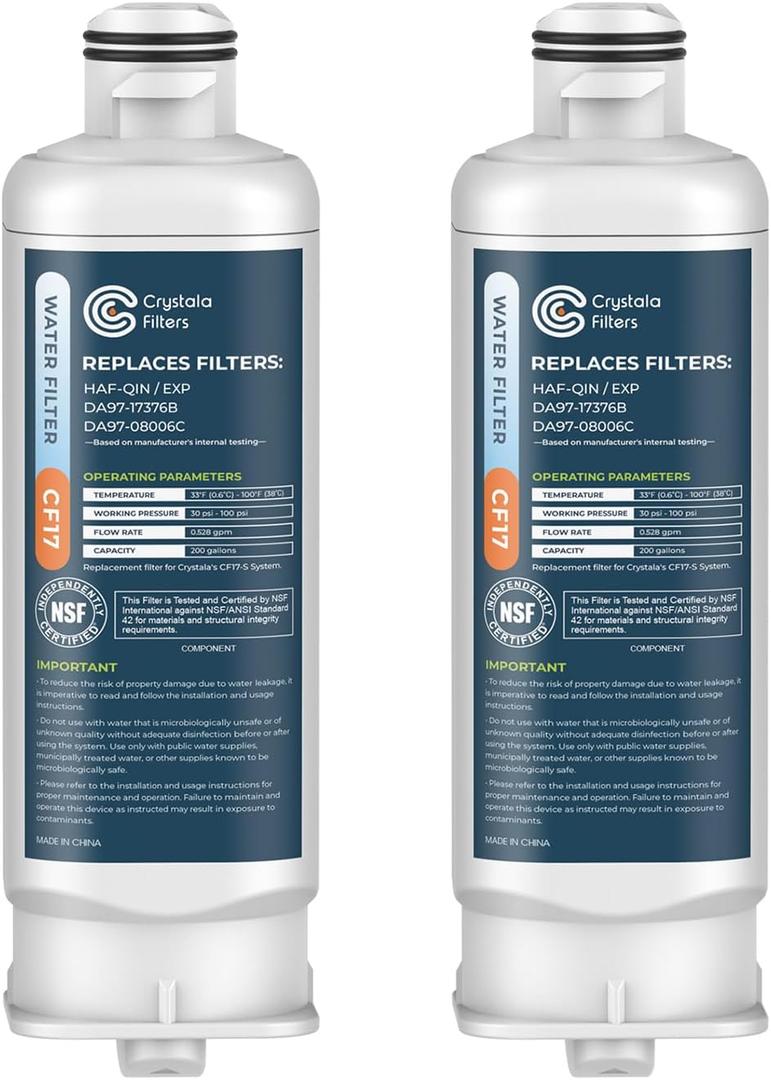 Crystala Filters Replacement for DA97-17376B Water Filter, NSF 42 Compatible with Samsung HAF-QIN, HAF-QIN/EXP, DA97-08006C, RF23M8070SG, RF23M8070SR, RF23M8090SG, RF23M8570SR (2 Pack)