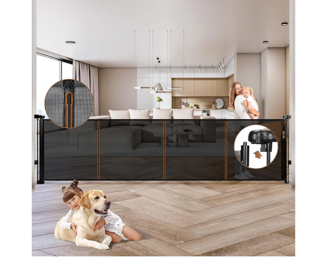 200.1" Retractable Baby Gate Extra Wide, 35.1" Tall Retractable Dog Gate for Stairs, Doorways, Decks, Mesh Gate Long Child Gate Pet Gate for Indoor, Outdoor, with Reinforced Mesh Rods, Dual Locks