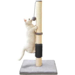 MeowHomm 32" Cat Scratching Post with Self Groomer Cat Brush, Sisal Rope Tall Cat Scratching Post with Soft Hanging Ball for Indoor Cats, Cat Claw Scratcher Covered with Soft Smooth Plush