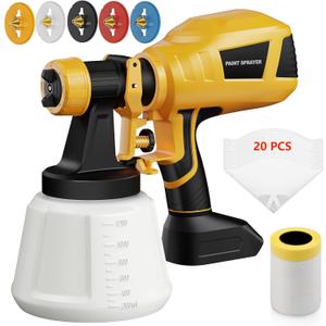 Cordless Paint Sprayer Compatible with Dewalt 20V Max Battery(No Battery), Spray Paint Guns with 5 Copper Nozzles, Electric Spray Gun for House Painting, Paint Sprayers for Walls Indoor, Fence (Yellow)