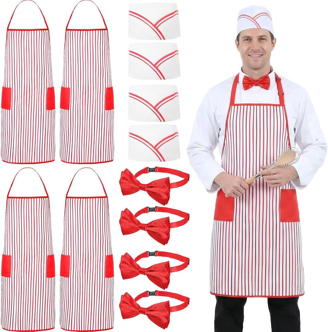 12 Pcs 1950s Adult Waiter Costume Kit, Red & White Striped Apron 2 Pocket, Chef Hat, Bow Tie, Unisex Adults, Chef Theme, Halloween, Carnival, Cosplay Costume Circus Party (Adult Size)