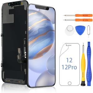 Yodoit for iPhone 12/12 Pro Screen Replacement Kit Full HD COF LCD Display 3D Touch Digitizer Frame Full Assembly with Repair Tool for Model A2172, A2341 Black 6.1inch