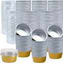 150 Pack Disposable Ramekins with Clear Lid, 5oz Golden Mini Cupcake Tins, Aluminium Foil Baking Cups for Muffin Tart Pie Tin Pan Holder for Party Favor Birthday Wedding