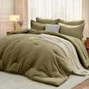 MUXHOMO 7 Pieces Queen Comforter Set, Soft Bed in a Bag Queen Size, All Season Bedding Set with Comforter, Flat Sheet, Fitted Sheet, Pillowcases & Shams, Olive Green