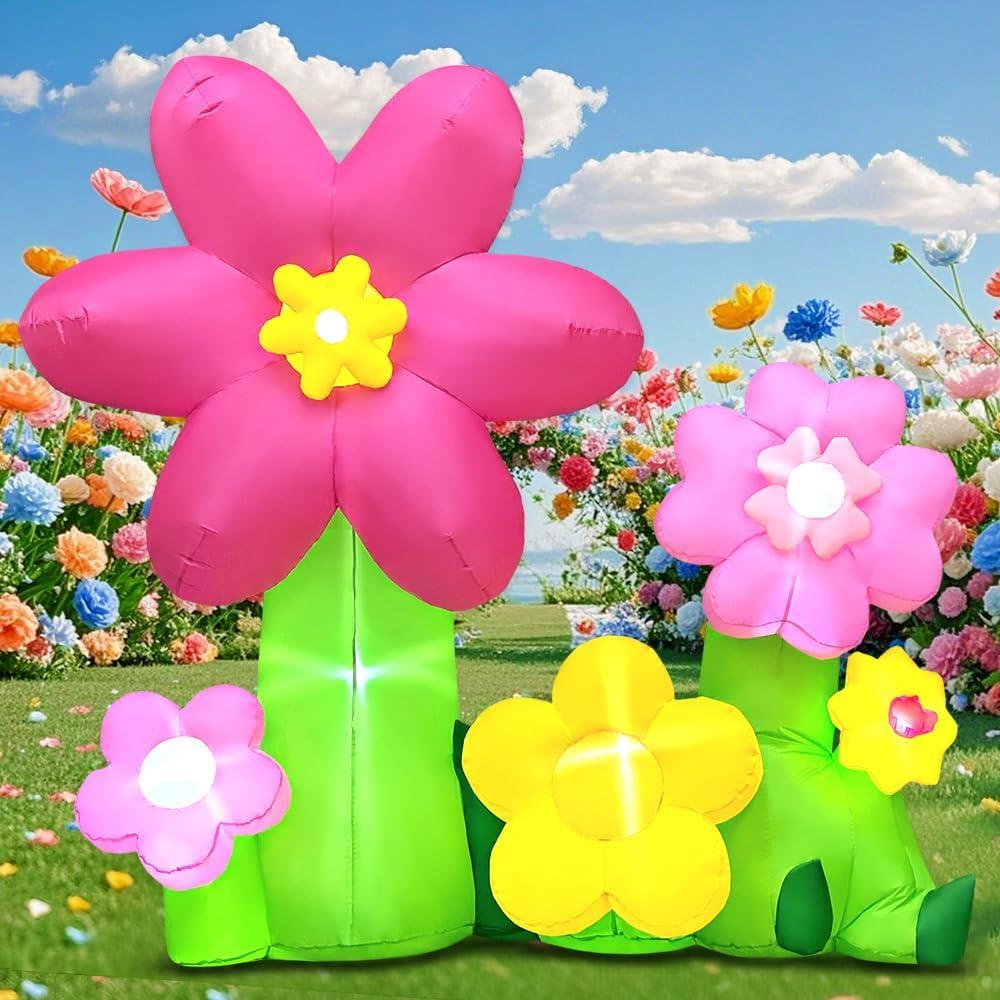 KOOY 6FT Spring Easter Inflatable Flowers Outdoor Decoration Multi-Colored Blow up Flowers Decorations, Built-in LED Lights for Spring Summer Easter Outdoor Garden Lawn Yard Party