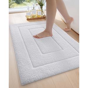 DEXI Bathroom Rug 24x16, Non Slip Washable Bath Mat for Shower Floor, Absorbent Soft Bathmat with Rubber Backing, Quick Dry Microfiber Carpet, White