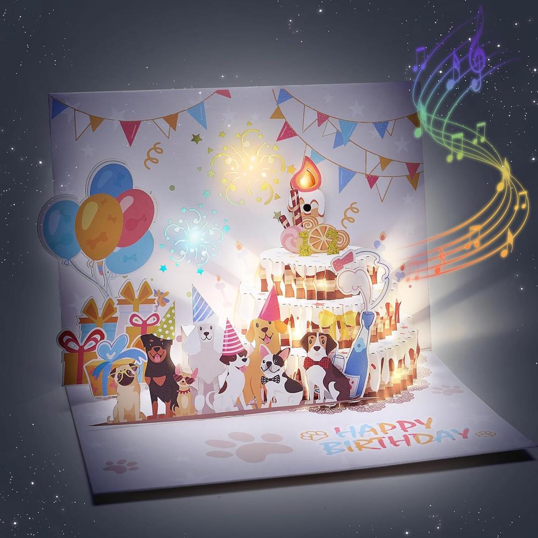 Birthday Cards Dog Funny Blowable Candle 3D Pop up Greeting Card with Lights & Woof Music Birthday Gifts Card for Dog Lovers Women Men Kids Mom Dad