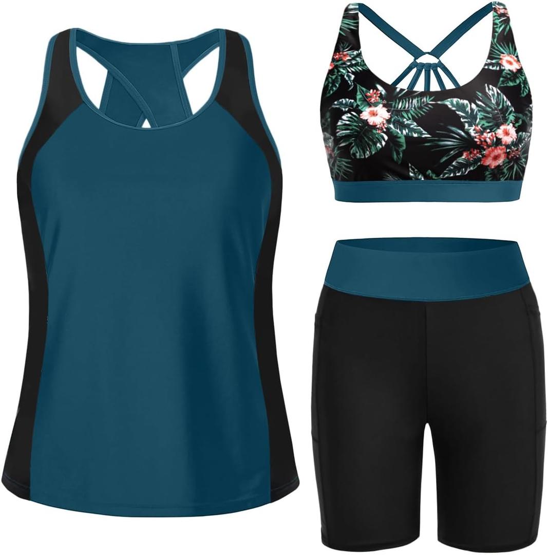 Tempt Me Women 3 Piece Tankini Swimsuits - Athletic Bathing Suits Swim Tank Top with Boy Shorts and Bra Modest Swimwear 2026