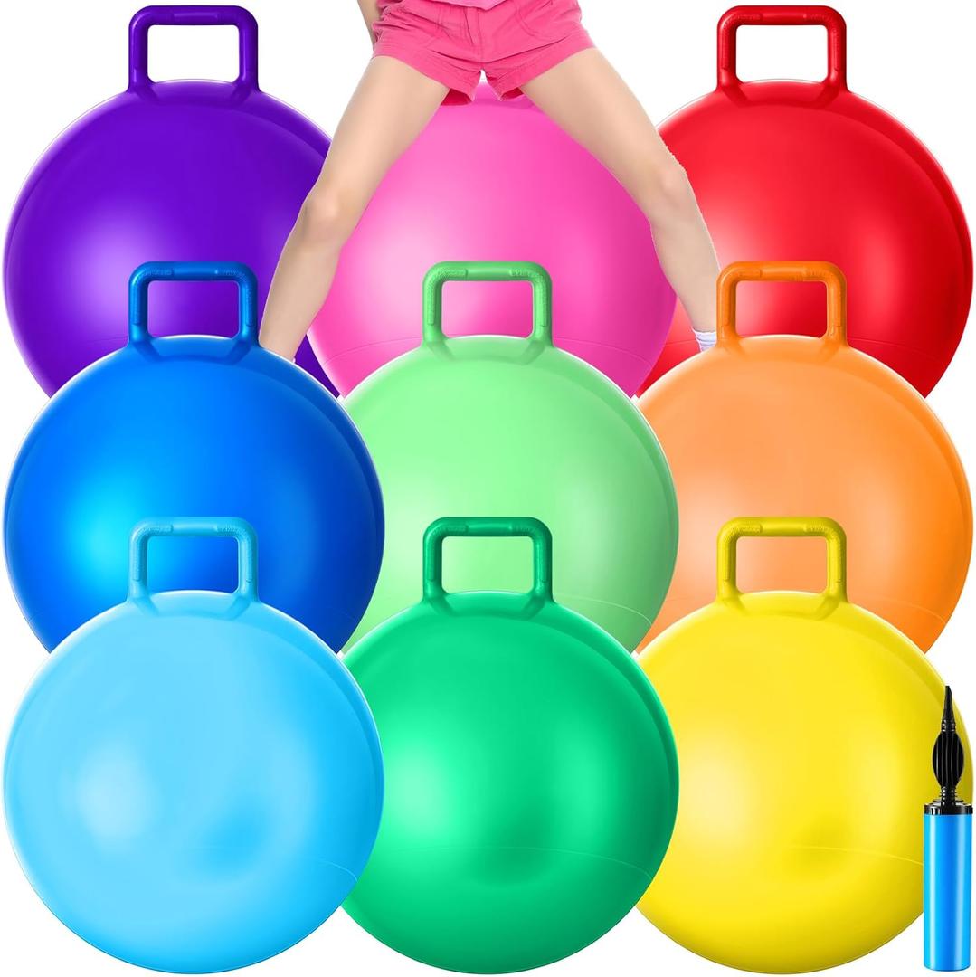 Meooeck 9 Pcs Hopper Ball 20 Inch Outdoor Bouncy Balls with Handles and Air Pump Jumping Hopping Ball for Sports School Games Exercise(Multicolor)