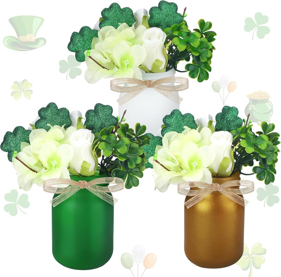 Gejoy 3 Pack St. Patrick's Day Table Decor Mason Jar Table Centerpiece with Shamrock Flower Bouquet Spring Tiered Tray Decor Tabletop Display Vase Faux Green Artificial Plants for Irish Party Supply