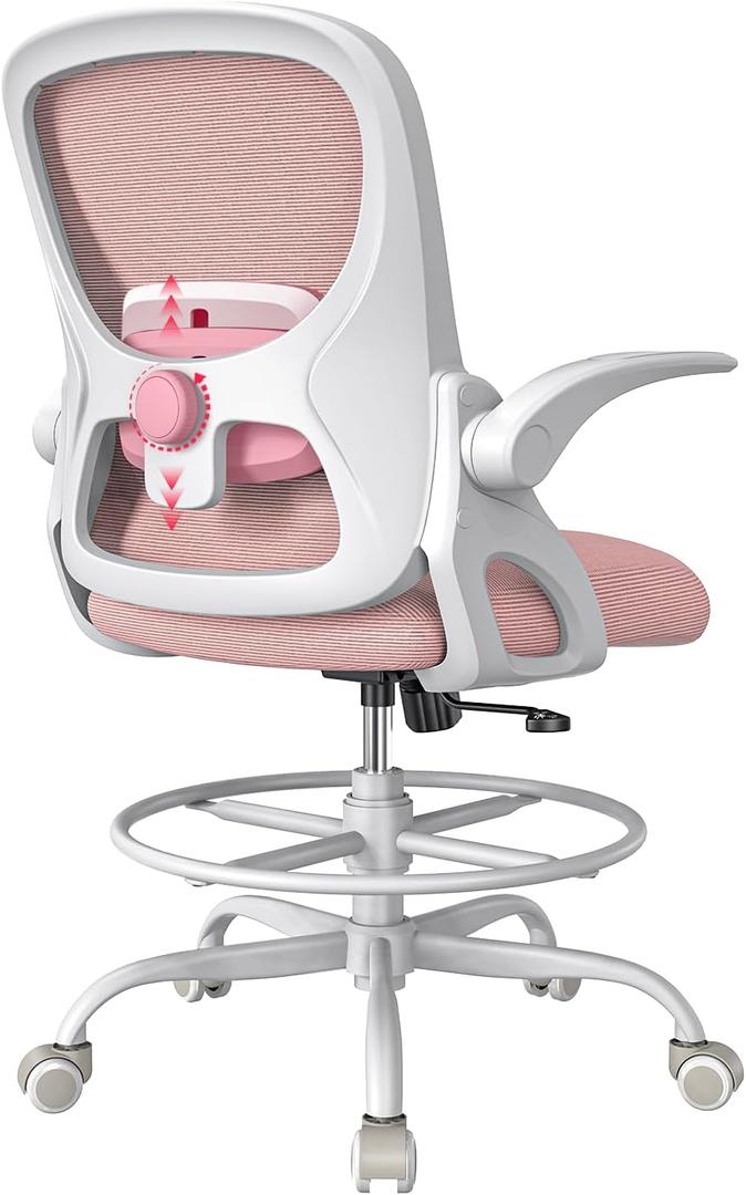 Drafting Chair,Tall and Standing Desk Chair with Flip-up Armrests, Ergonomic Comfy Lumbar Support and Adjustable Footrest Ring Office/Computer Chair (White-Pink)