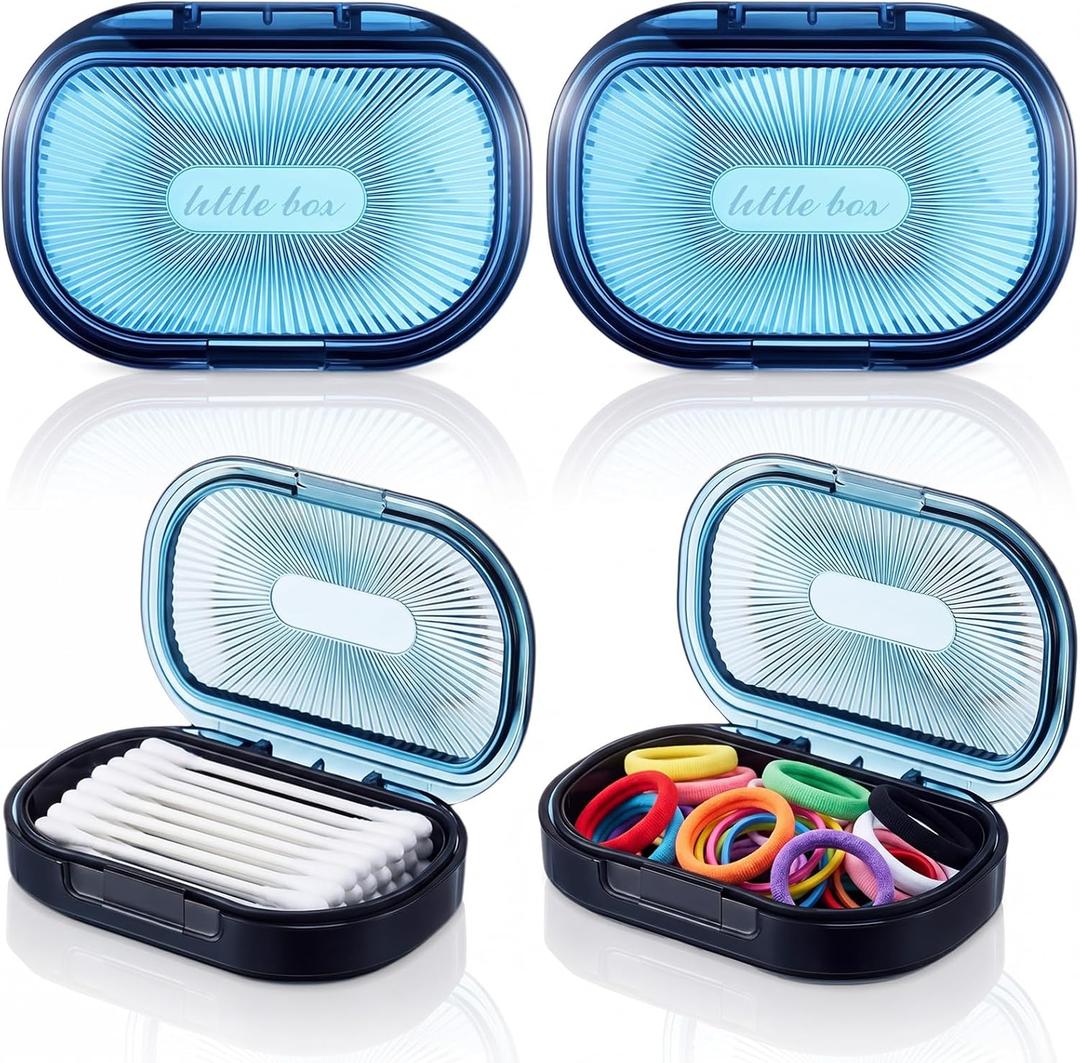 Kigley 4 Pcs Hair Tie Container Small Portable Travel Cotton Swab Holder Dispenser with Lid Plastic Box Storage Containers for Small Items, 3.94 x 2.76 Inch (Blue)