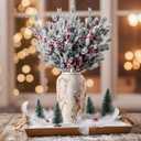 8 Pcs 25.6" Artificial Christmas Snow Flocked Pine Branches with Pine Cones Red Berries Faux Greenery Stems Winter Xmas Tree Needle Pick for Vase Filler DIY Craft Garland Wreath Home Decor