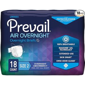 Prevail AIR Overnight Incontinence Briefs - Unisex Adult Incontinence Briefs with Tabs - Disposable Adult Diaper for Men & Women - Overnight Absorbency - Size 2, 72 Count (4 Packs of 18)