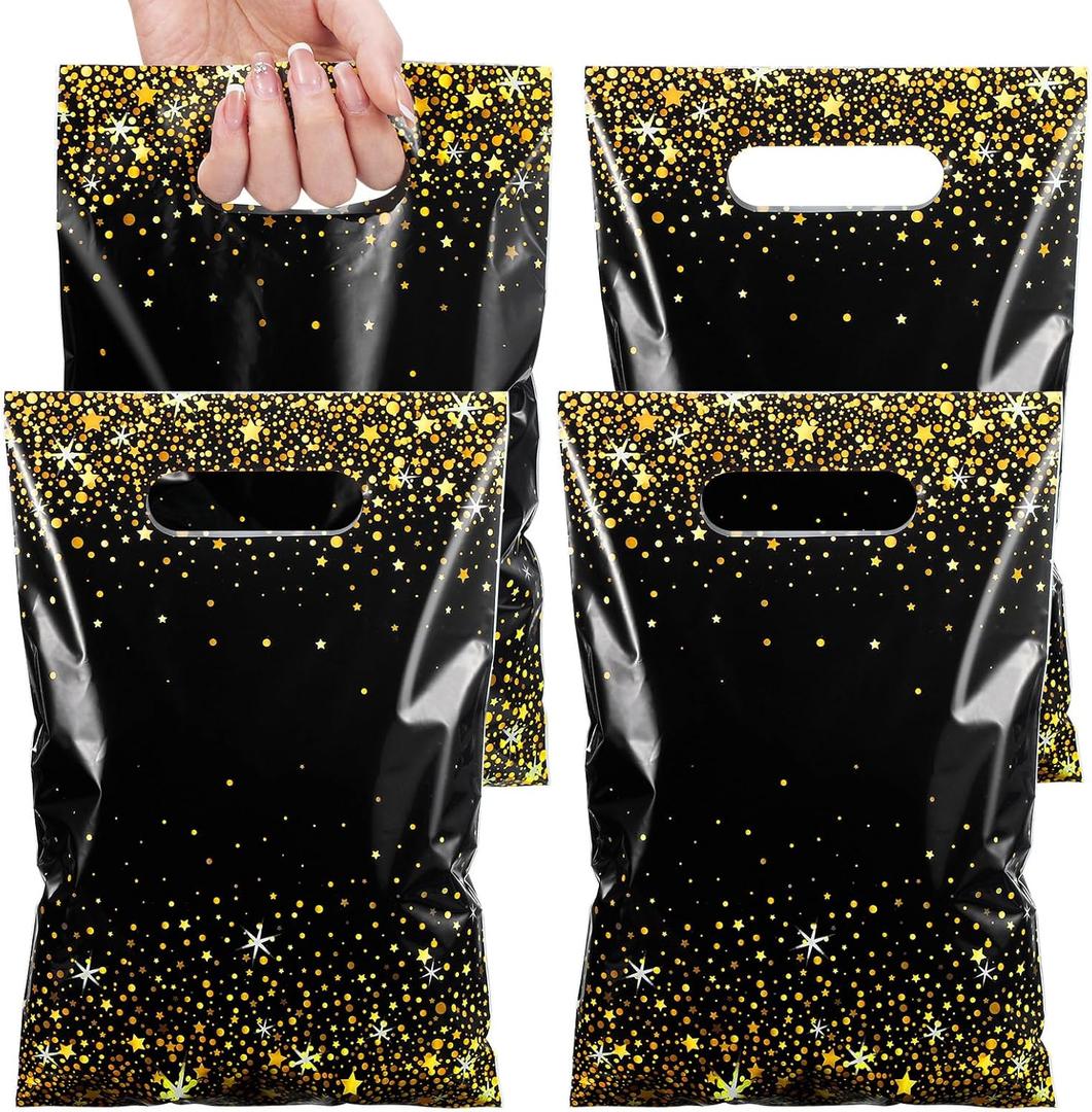 Pasimy 50 Pcs Black and Gold Party Favor Gift Bags Die Cut Plastic Treat Goodie Merchandise with Handle for Birthday Party Wedding Bridal Baby Shower 2026 New Year Gift Supplies