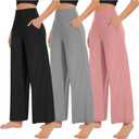 NEW YOUNG 3 Pack Women's Wide Leg Pants with Pockets High Waist Loose Sweatpants Casual Lounge Yoga Workout Palazzo (Large, Black, Pink, Grey)