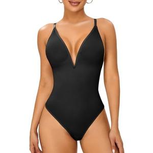 SAYFUT Lace Bodysuit Backless Shapewear for Women V-Neck Tummy Control Thong Body Shaper Size L