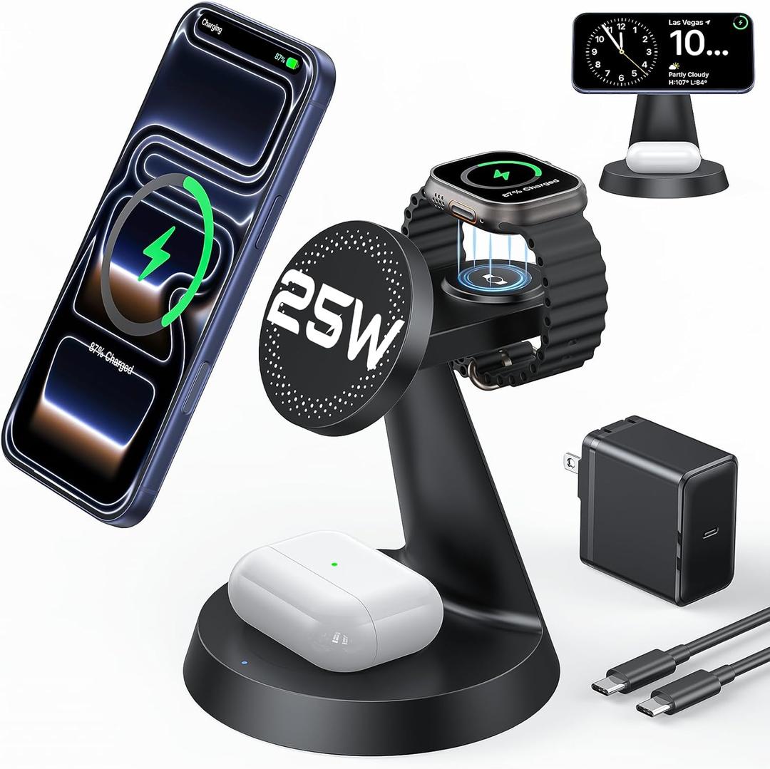 25W Fast Charging Station for MagSafe Charger for iPhone 17/16/S26 Ultra/Pixel 10, 3 in 1 Magnetic Wireless Charger with 45W Adapter Only for iWatch & Earbuds, Charger Stand Dock with Heat Dissipation