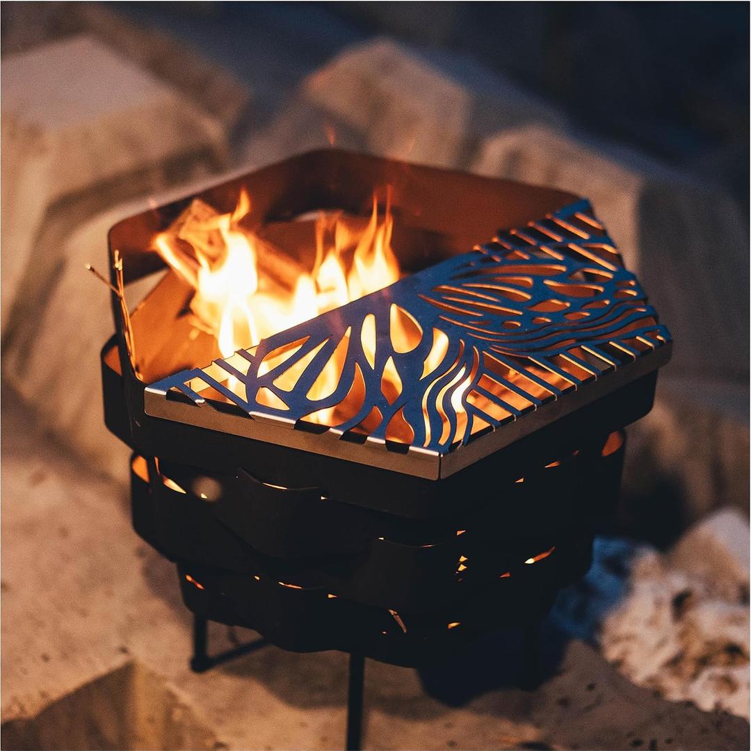 Fire Pit, Halo Fire Place Outdoor Portable Wood Fire Pits Includes A Grill, A Bag, Hexagonal Fireplace for Patio Camping Gift (Alien Hollow Design Hot-Rolled Steel Firepit with a Grill, Medium)
