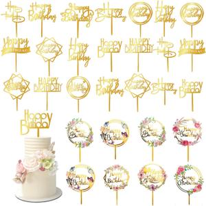 32 PCS Gold Happy Birthday Cake Toppers Flower Acrylic Birthday Cake Topper Cake Pick Decorations (Gold)