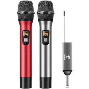 TONOR Wireless Microphones, Cordless Mic with Rechargeable Receiver, 200ft Range UHF Handheld Dynamic Microfonos Inalambricos Professional for Karaoke Singing Party Wedding Church TW630 Silver&Red