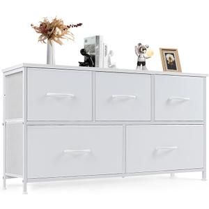 DUMOS Dresser for Bedroom, 5 Storage Drawers, Wide Fabric Closet Chests Organizer Tower Furniture with Wooden Top Metal Frame for Clothes, Guest Room, Living Room, Hallway, Entryway (11.8"D x 39.4"W x 20.9"H (5 Drawers), White)