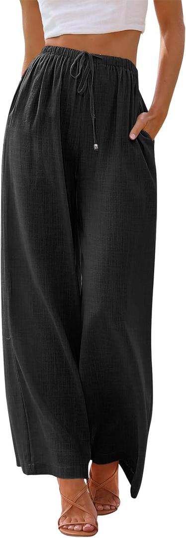 LILLUSORY Women's Linen Summer Palazzo Pants Flowy Wide Leg Beach Pants with Pockets (Black) S