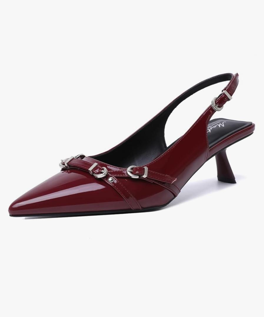 Mostrin Kitten Heels for Women Pointed Toe Pumps Patent Leather Low Heel Slingback Heels with Buckle Dress Shoes for Dating Party Working, 6
