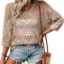BEAUDRM Women's Crochet Tops 3/4 Sleeve Summer Sweater Cover Up Beach Vacation Outfits