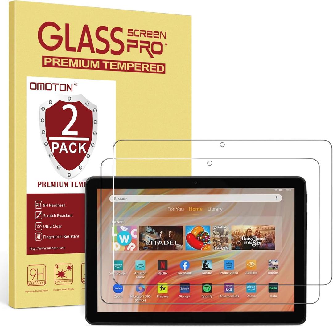 [2 Pack] OMOTON Screen Protector for Amazon Fire HD 10 Tablet (13th/11th Generation, 2023/2021 Released)/Fire HD 10 Plus/Fire HD 10 Kids/Fire HD 10 Kids Pro All-New 10.1 Inch Tablet, Tempered Glass/9H Hardness