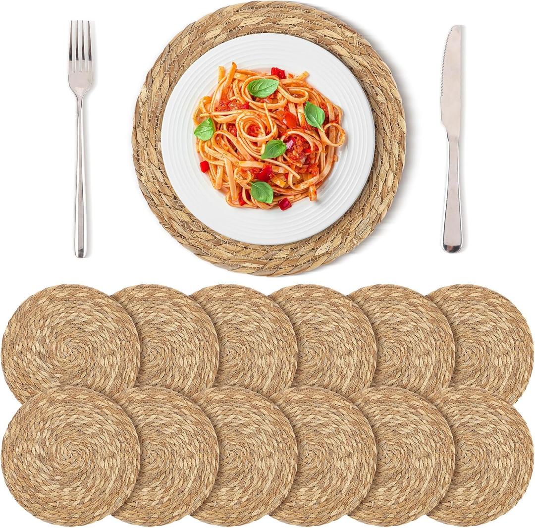 Kochorie Set of 12 Round Woven Placemats 12 Inches Bulrush Placemats Natural Hand-Woven Boho Rattan Placemats Wicker Table Mats Farmhouse Weave Place Mats for Home Dining Table