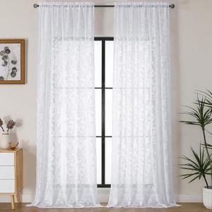 OVZME White Sheer Curtains 108 inches Long 2 Panels for Living Room, Jacquard Clip Leaf Pattern Textured Light Filtering Window Semi Sheer Voile Drapes for Bedroom, Each Panel 52 x 108 Inch