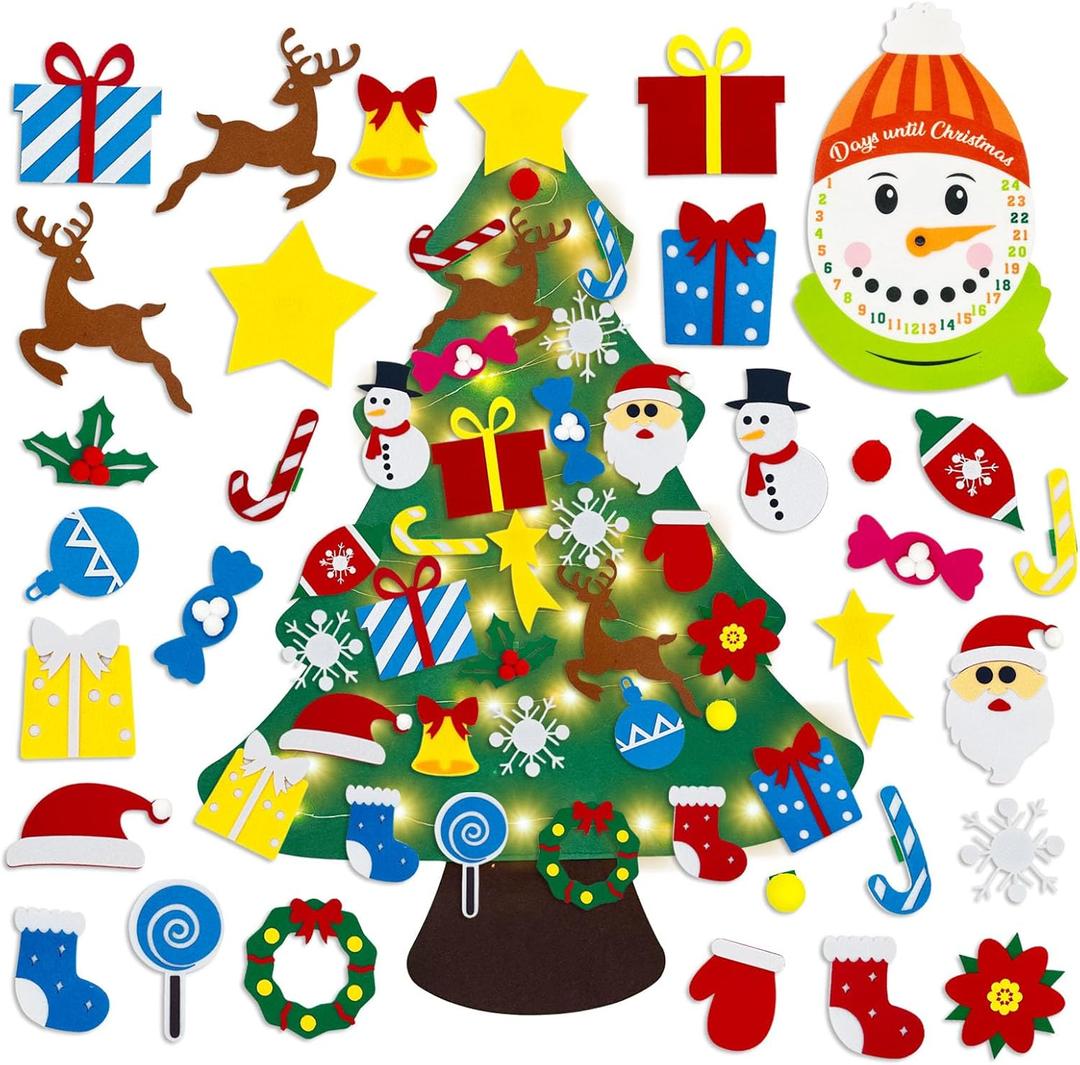 3.2Ft DIY Felt Christmas Tree Set for Kids Toddlers, 34 Hanging Ornaments Felt Christmas Tree with Light Wall Craft Kits for Xmas Party Office Decoration, New Year Door Wall Decorations