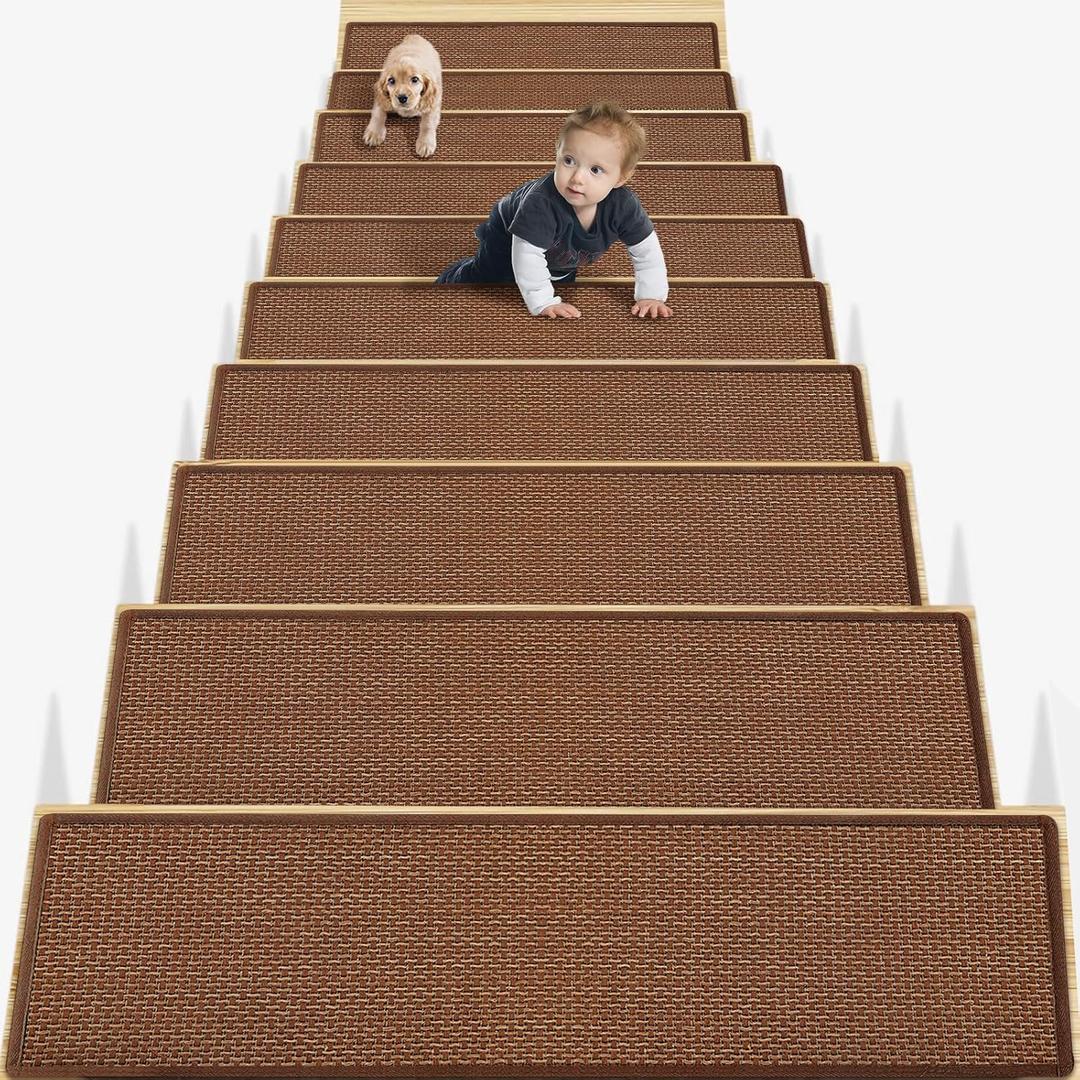 Non Slip Carpet Stair Treads for Wooden Steps - Machine Washable, Reusable Adhesive - 15 Pack 8"x30" Brown - Anti-Slip for Dogs, Kids & Elders