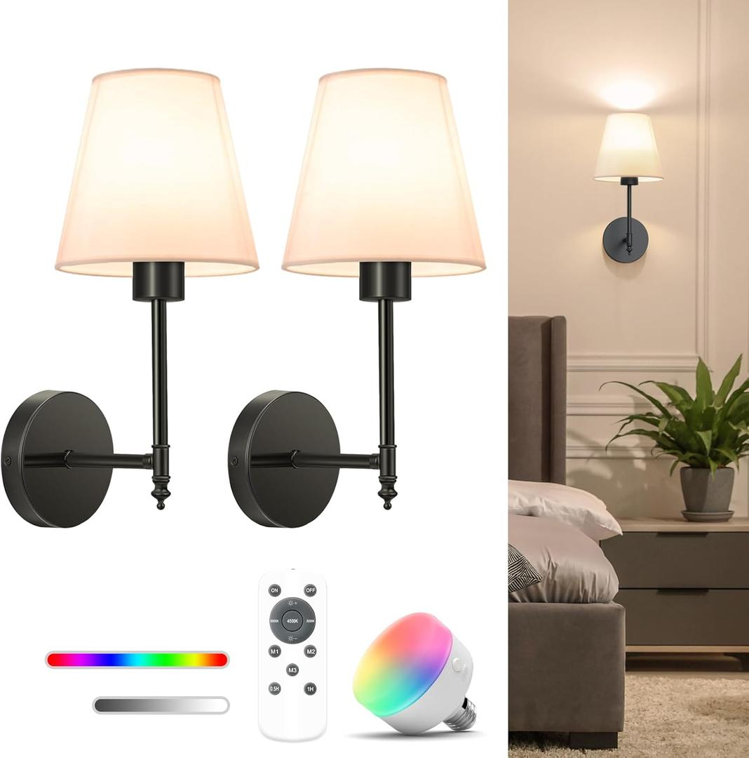 NIORSUN 14.5 inch Battery Operated Wall Sconce Set of 2,Black Rechargeable Wall Lights with 5200mAh Dimmable Detachable Bulbs and Remote,9 Colors Wireless Sconces for Bedroom Living Room Hallway Decor