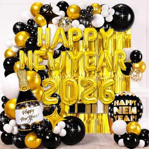 2026 New Years Eve Party Supplies Set, New Year Decorations 2026, Gold Black Party Balloons Supplies Happy New Years Decoration with 2026 Balloons, Happy New Year Banner, Foil Balloons, Fringe Curtain