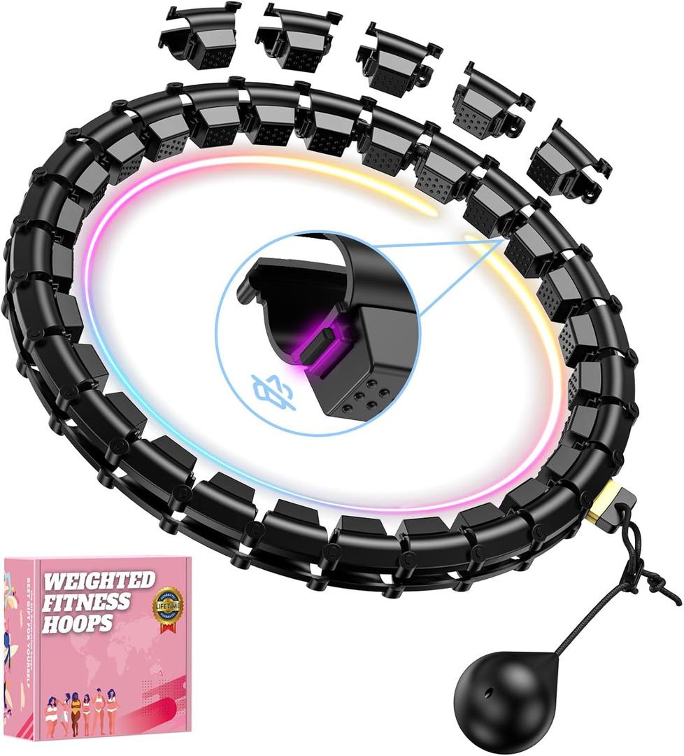 Fit Hoop Weighted Hula Pilates Circles, 32 Detachable Parts & 65-Inch Plus-Size Fit, Weight Loss Fitness Gear, Quiet Home Workout Tool (BLACK)