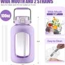 WINSA Large Glass Water Bottles with Stainless Steel Handle,100 oz Gallon Drinking Bottle with 2-in-1 Straw Lid,3 Liter Glass Water Jug with Silicone Sleeve,Wide Mouth,Purple