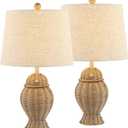 JONATHAN Y 20.5" Natural Wicker Table Lamp Set of 2, Bohemian Rustic Farmhouse Bedside Lamps for Living Room, Nightstand Desk Lamps with Beige Linen Shade, LED Bulbs Included JYL4041A-SET2