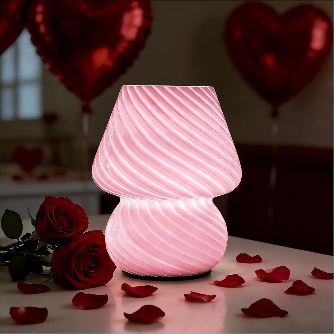 Battery Operated Mushroom Lamp-Cute Small Pink Aesthetic Table Lamp with Timer,Cordless Bedside Lamp for Girl Gifts,Glass Decorative Lamp for Bedroom/Entryway/Shelf/Desk Decor/Dorm/Office