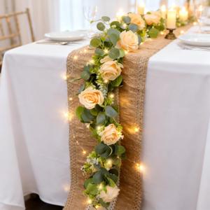 2 Pack 5.9 FT Artificial Flower Garland with Lights, Fake Floral Garland with 12 Champagne Roses, White Flower Decorations for Arch Table Centerpieces Backdrop Party Home Wedding Decorations
