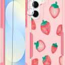 for Samsung Galaxy S25 FE 5G Case with Screen Protector + Camera Lens Protector: Cute Flower Floral Fruit Design for Girls Women Slim TPU Bumper Silicone Cell Phone Cover (Strawberry)