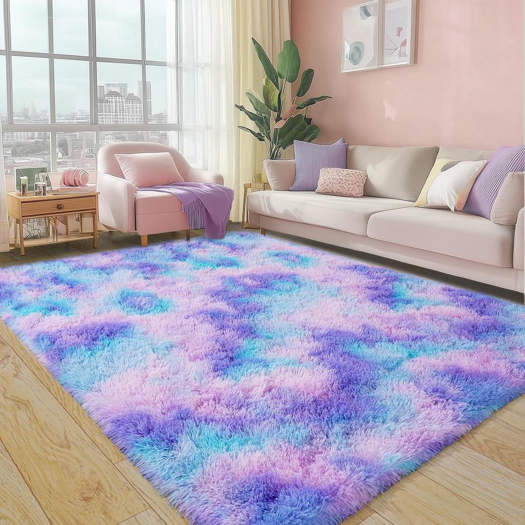 Super Fluffy Area Rug for Living Room 5x7 Feet, Modern Indoor Shaggy Carpet, Soft Plush Non Slip Rugs for Bedroom Kids Room Cloakroom Home Decor, Rainbow Purple