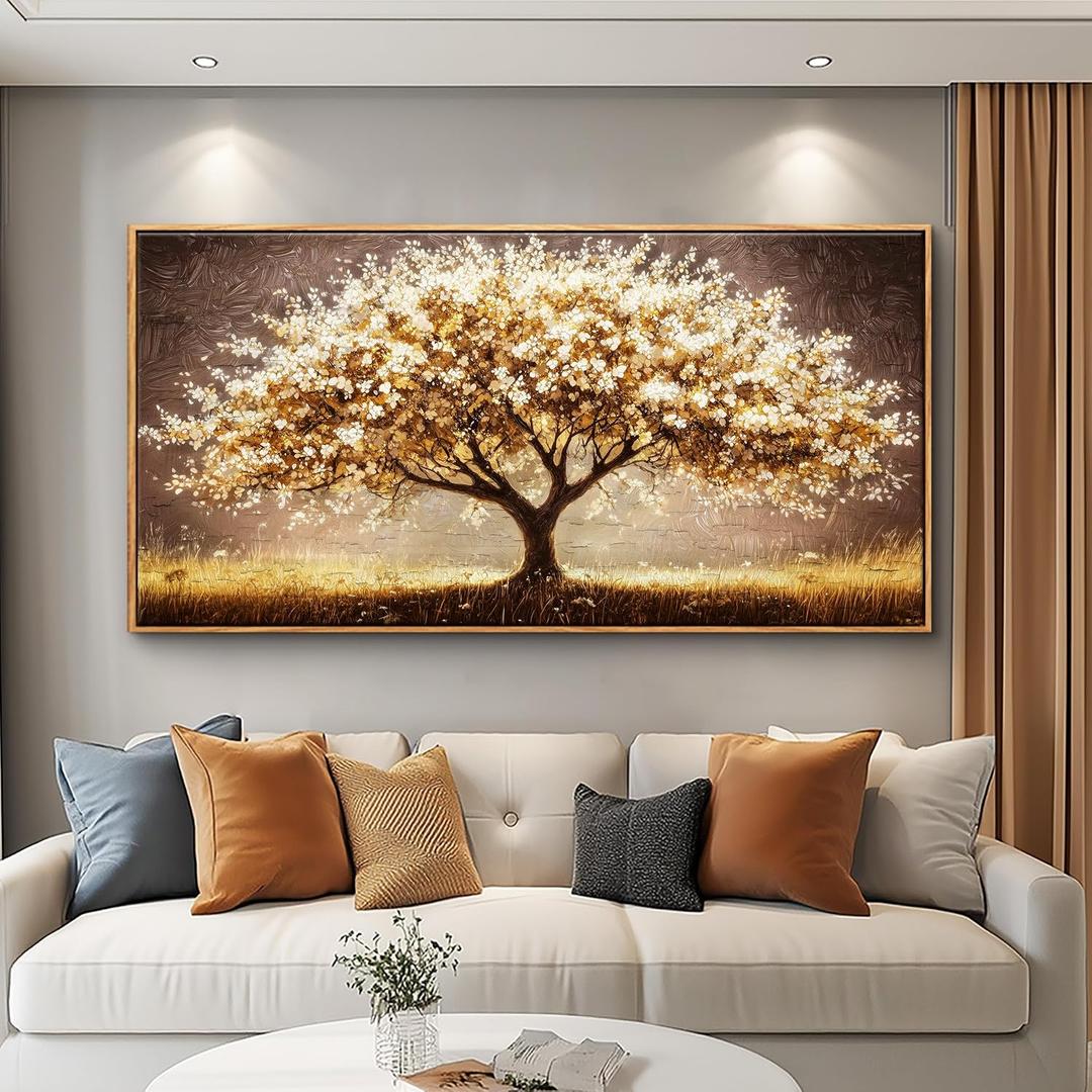 Large Canvas Abstract Golden Money Tree Painting Wall Decor for Living Room Restaurant Wall Art for Bedroom Office Corridor Decor Printing Artwork Pictures Home Decor 20x40 in Wood Frame