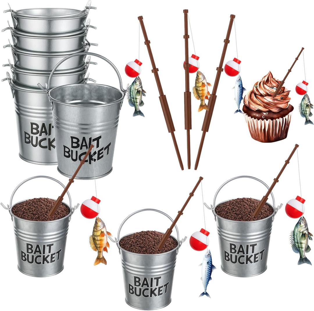 Soulchen 18 Pcs Mini Fishing Birthday Party Decorations Includs 6 Fish Cupcake Pole Picks 6 Mini Tackle Bait Basket 6 Bobber for Gone Fishing Theme Supplies Ocean Party Cake Decor
