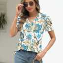 LOMON Womens Puff Short Sleeve Shirt Summer Tops V Neck Casual T Shirts Loose Fit Blouses (Blue, S)