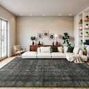 8x10 Vintage Washable Area Rug for Living Room,Low Pile Non Slip Carpet Non-Shedding Large Area Rug Soft Indoor Stain Resistant Rug Floral Print Mat for Bedroom Dining Room Black